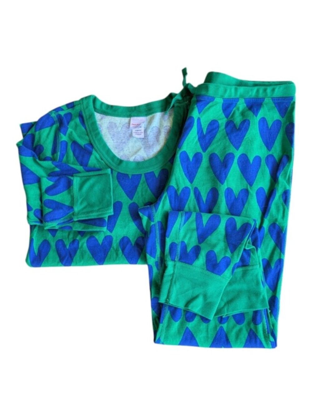 Hanna Andersson Valentine's Long John PJ Set Green/Blue Heart Print Size Large
